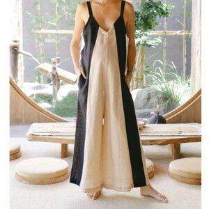 Myrah Penaloza Linen Playsuit in Clay/Black Stripe One Size